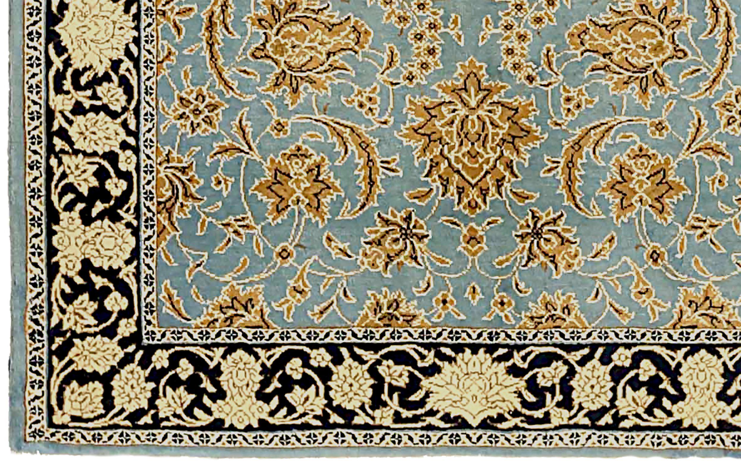 Asian Persian Sarouk Small Rug Circa 1940 - Wool Blue Ivory Yellow 71340 For Sale