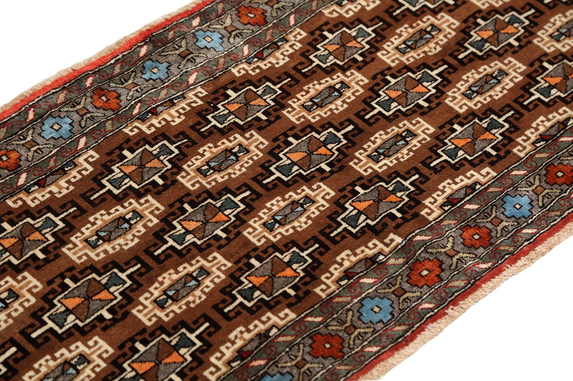 Persischer Semnan Läufer Teppich - Wolle Blau Braun Elfenbein Rot Taupe - 97956 (20. Jahrhundert) im Angebot