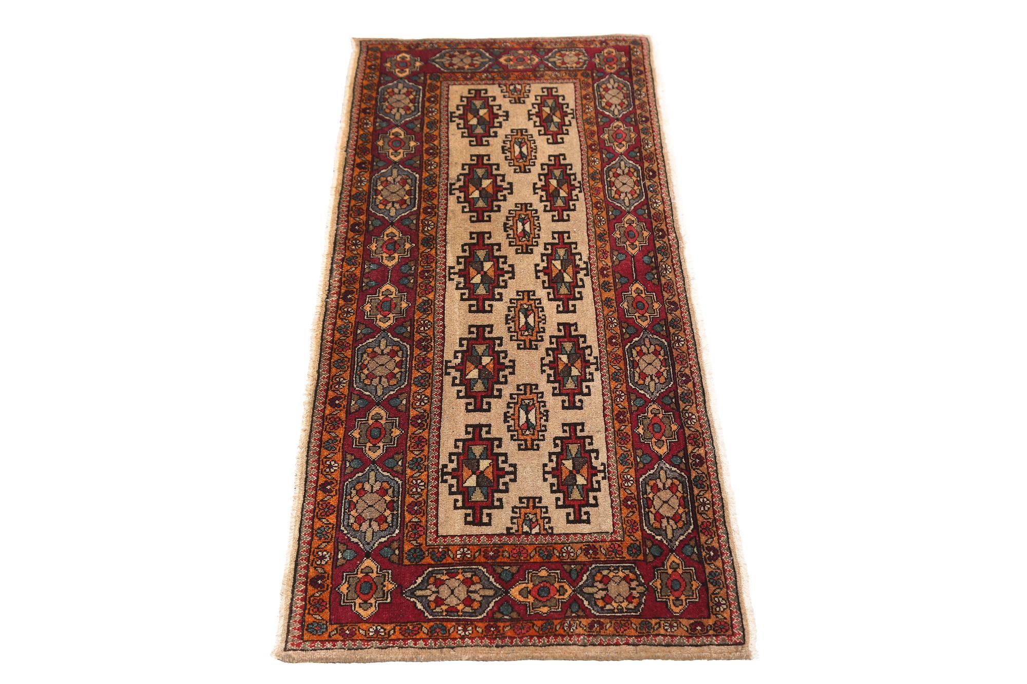 Persischer Semnan-Läufer aus Wolle - Elfenbeinrot, Design - 97056 (Irakisch) im Angebot