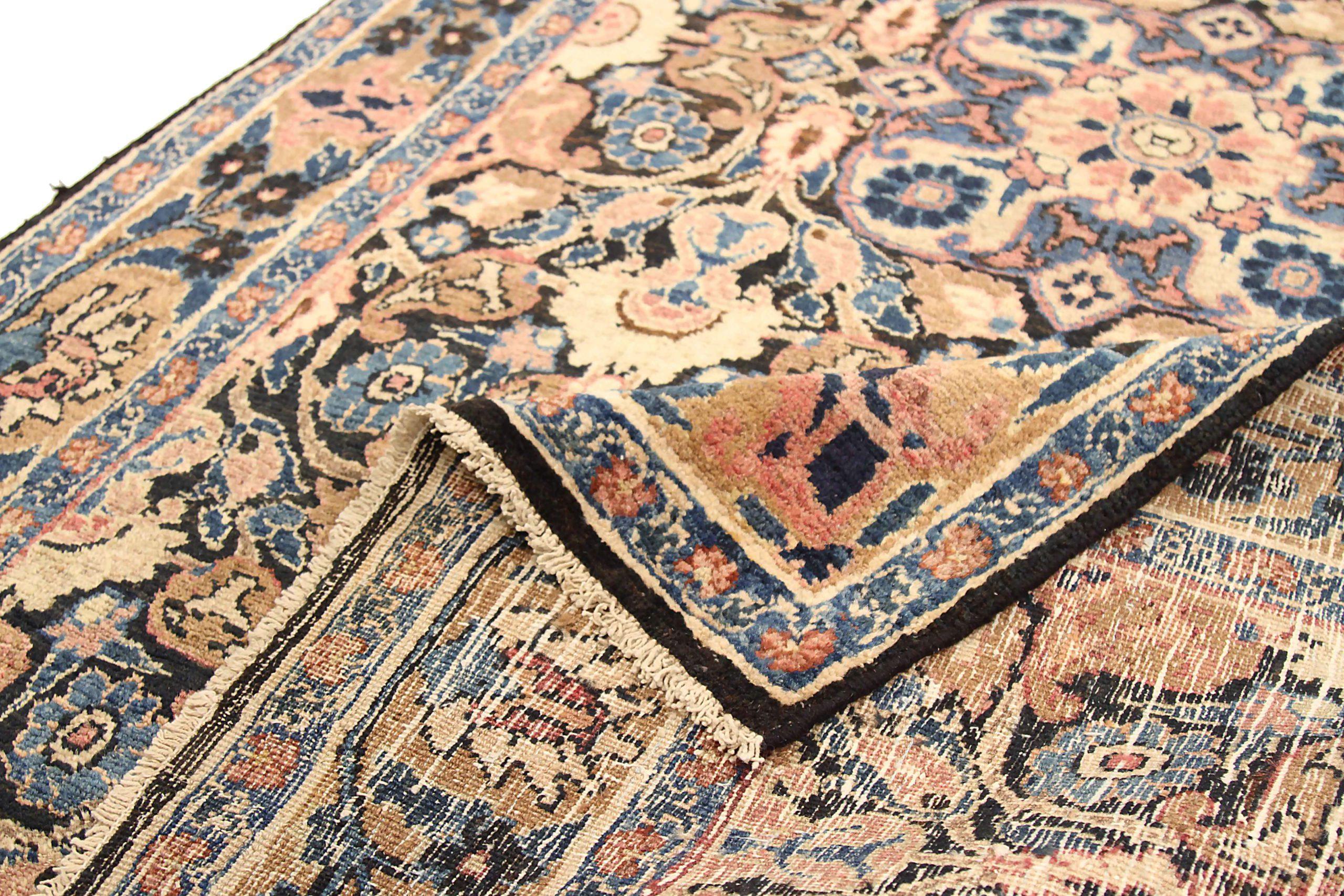 Tappeto persiano Semnan Piccolo Circa 1910 - Lana Blu Marrone Rosa 71601 In condizioni ottime in vendita a Dallas, TX