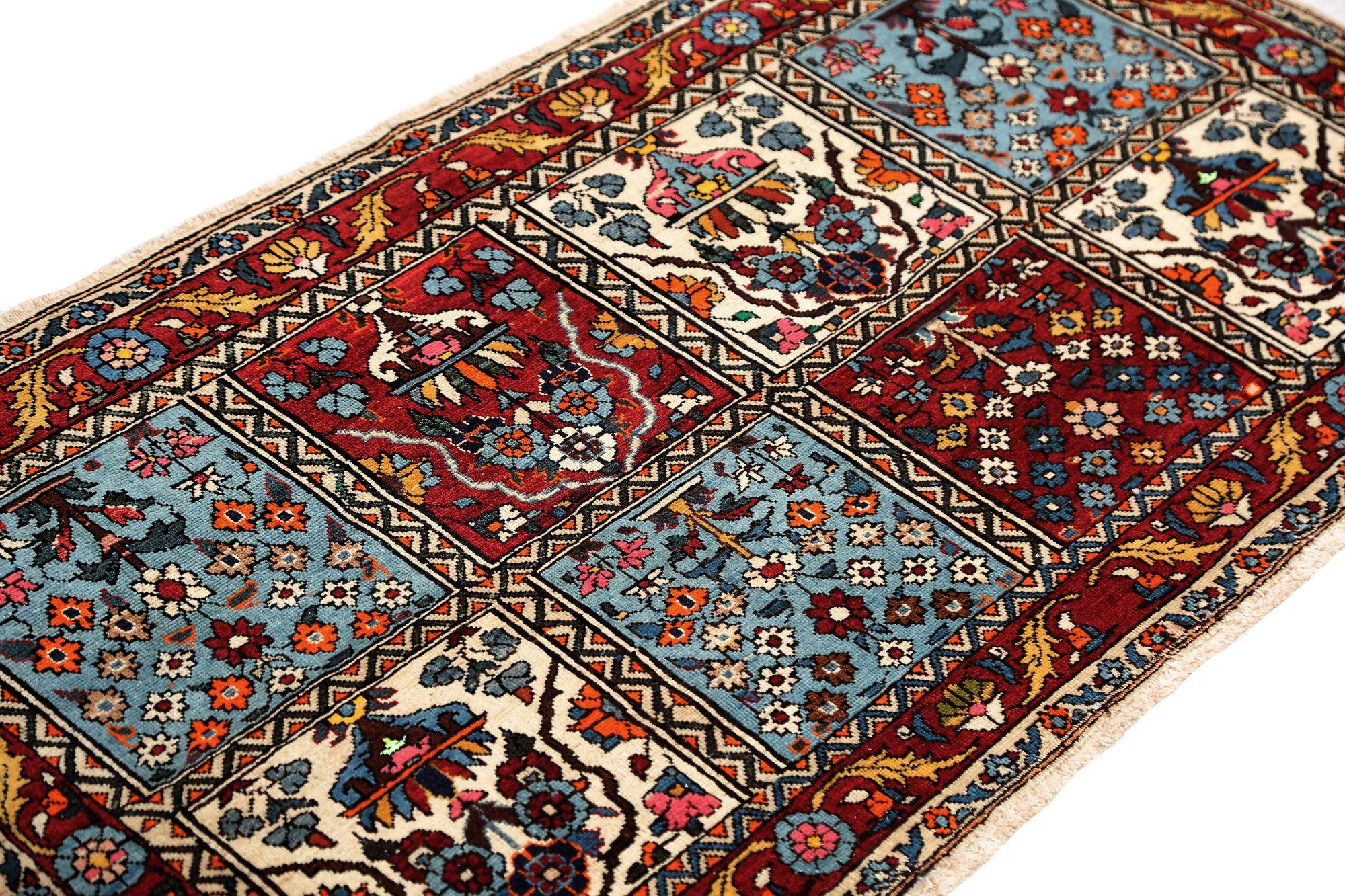 Persischer Semnan Kleiner Teppich - Wolle Blau Elfenbein Rot Design - 96943 (20. Jahrhundert) im Angebot