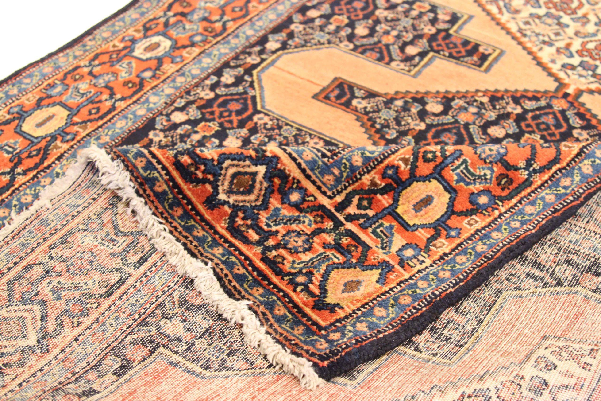 Asian Persian Seneh Runner Rug - Wool Ivory Navy Blue Pink Design - 75384 For Sale