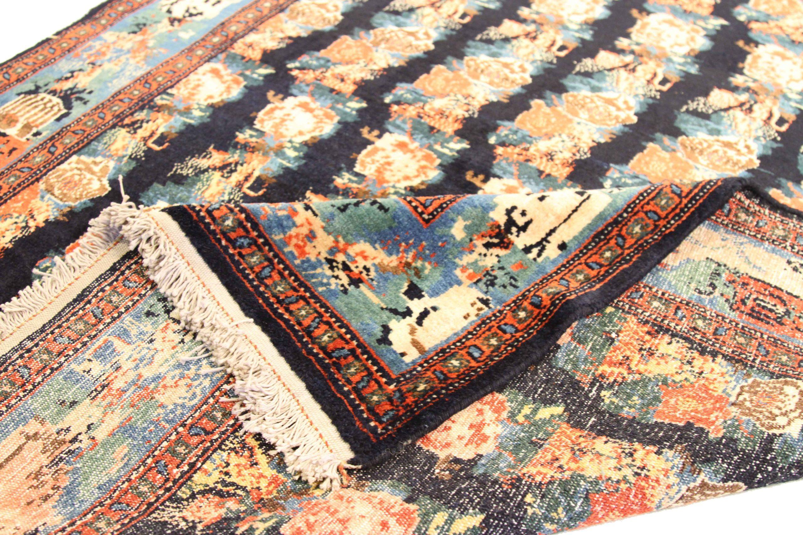 Asiatico Tappeto Persiano Seneh Runner - Lana Avorio Blu Navy Rosso Design - 75267 in vendita