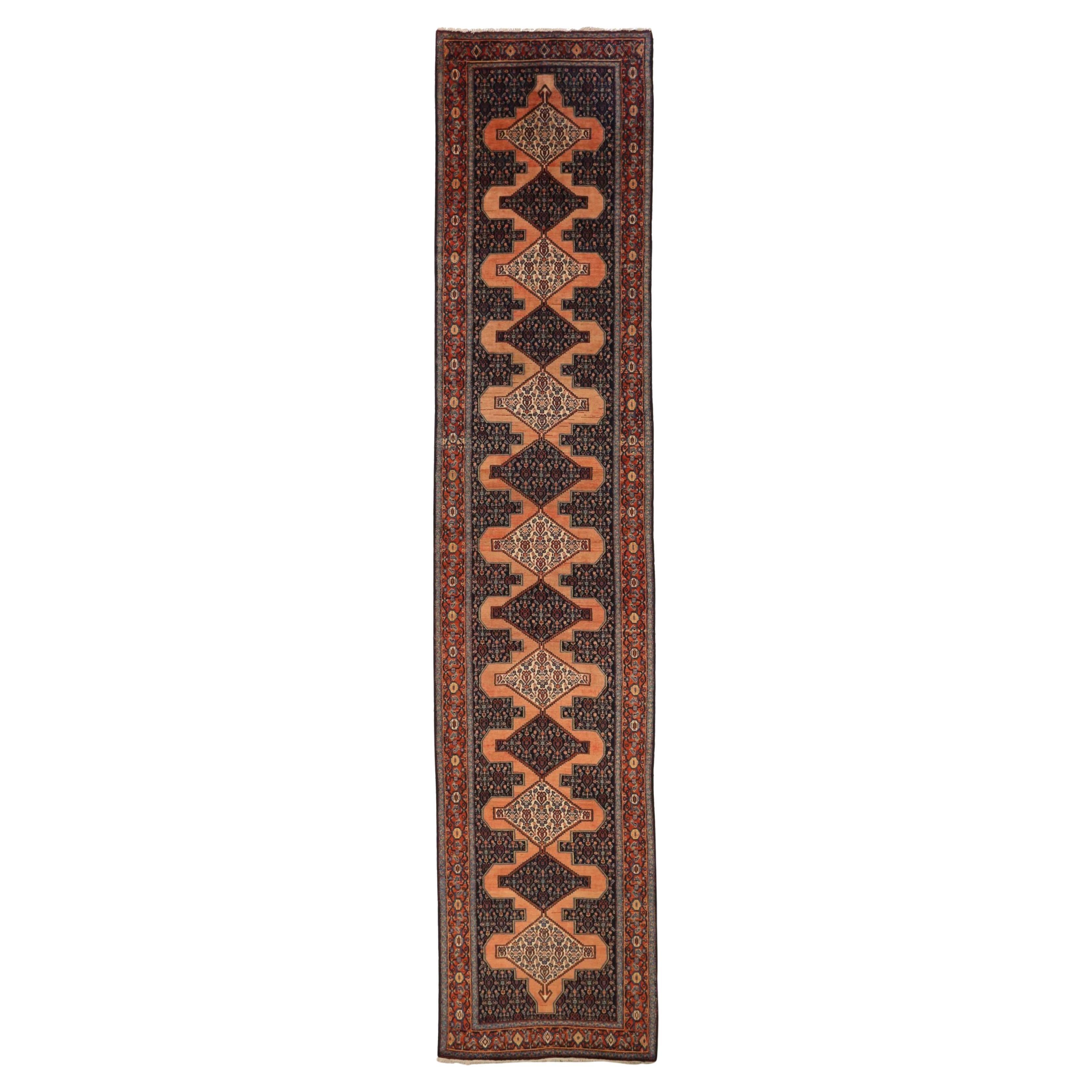Alfombra Persa Seneh Circa 1910 - Lana Marfil Azul Marino Rosa Rojo - 75276