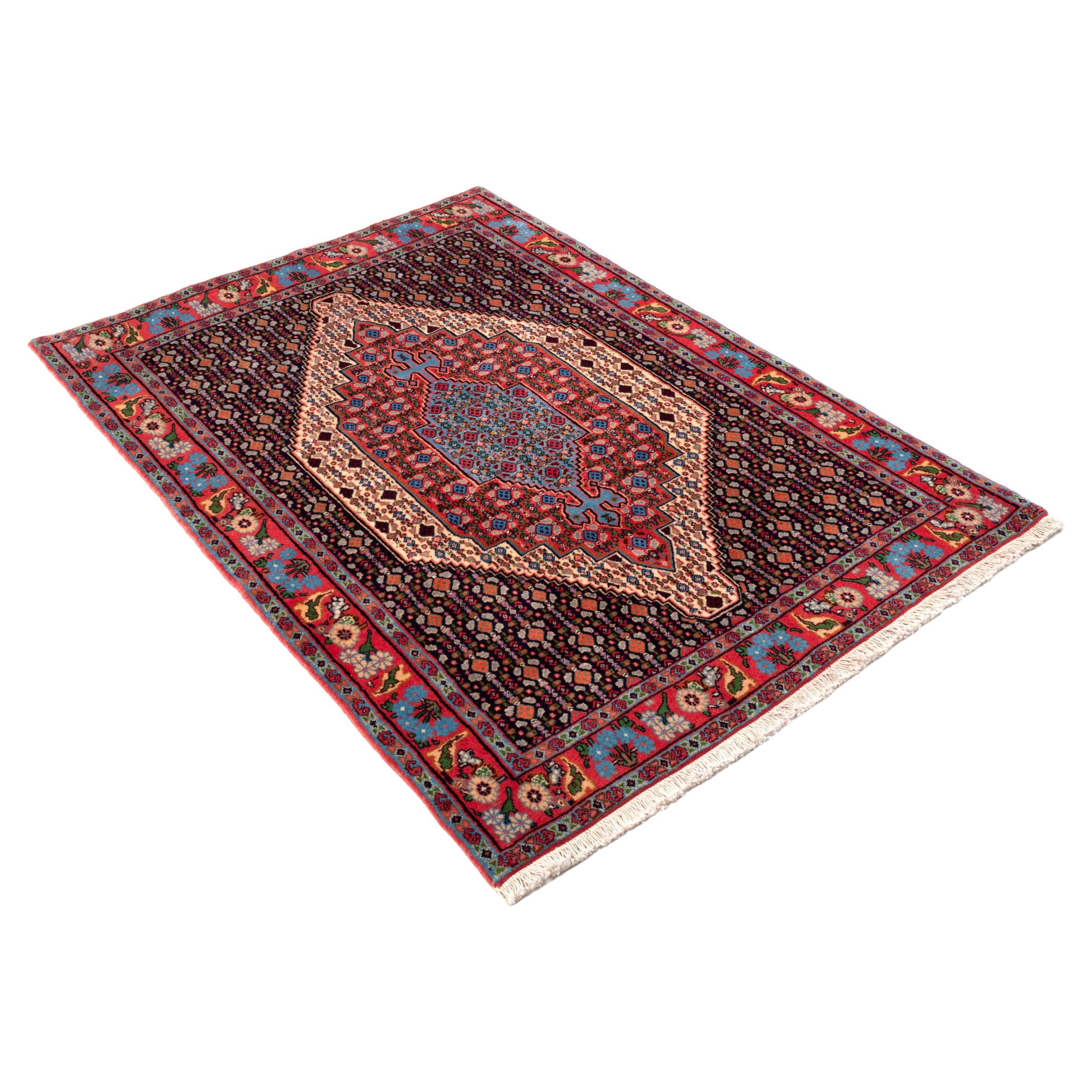 Persian Senneh rugs come from the Northwest region of Iran 
Central Medalion
Hand-knotted, fine wool weave, densely knotted on a cotton foundation.
Late 20th century

Measures: 116 x 154cm.

In excellent condition.