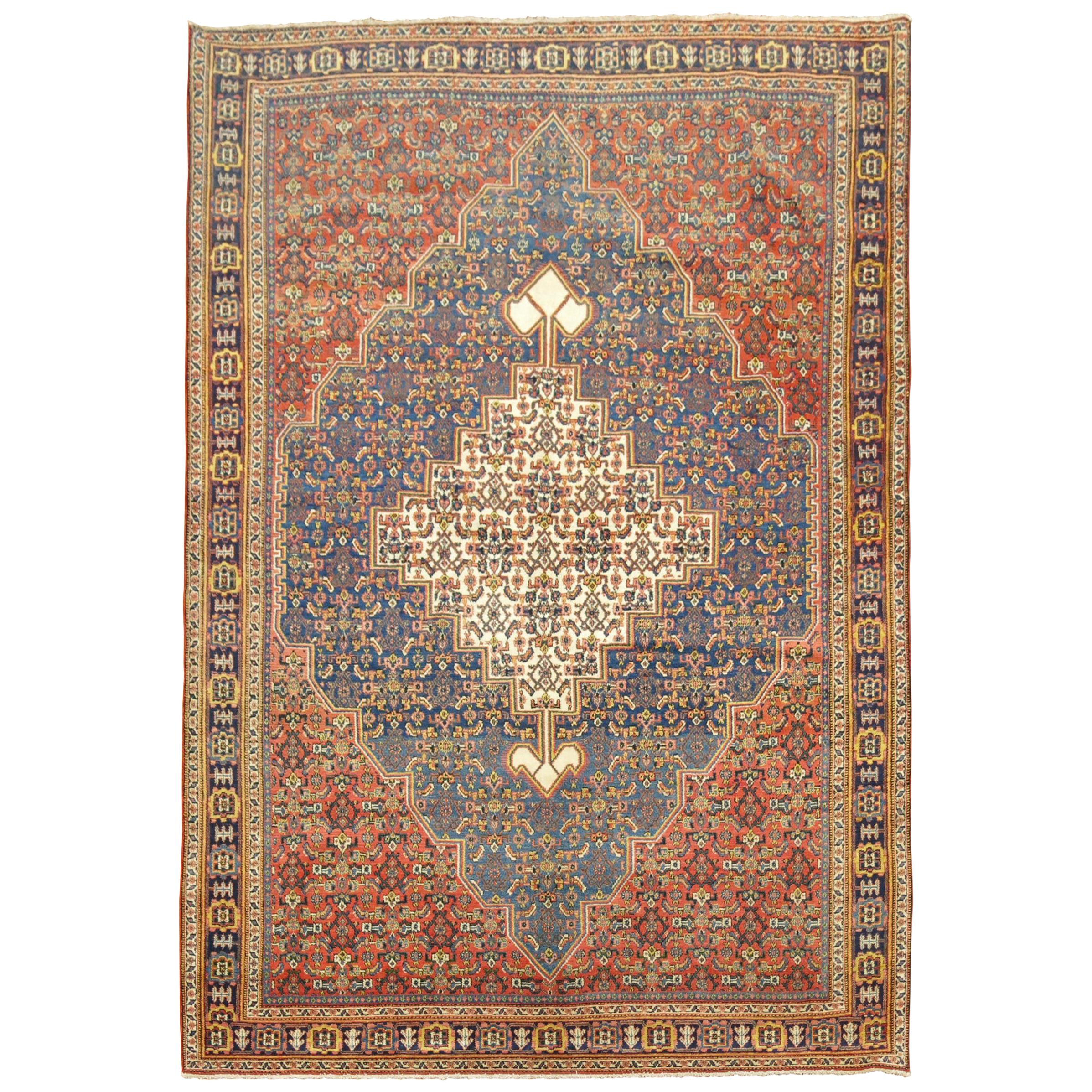 Antique Persian Senneh Rug with Silk Highlights and Fringes For Sale at