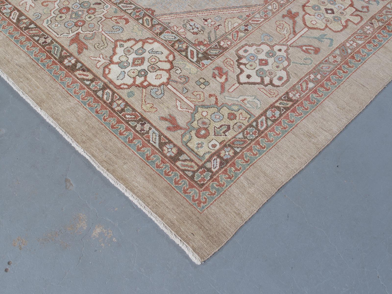Hand-Knotted Persian Serab Hand Knotted Rug in Camel, Pale Blue, and Rust Color For Sale