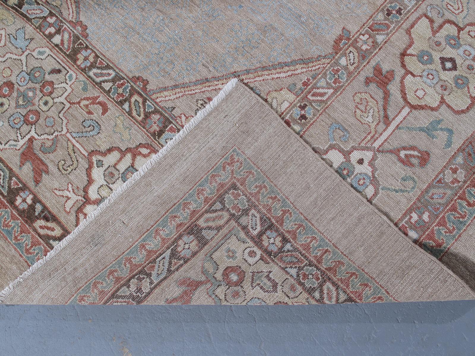 Persian Serab Hand Knotted Rug in Camel, Pale Blue, and Rust Color In New Condition For Sale In New York, NY