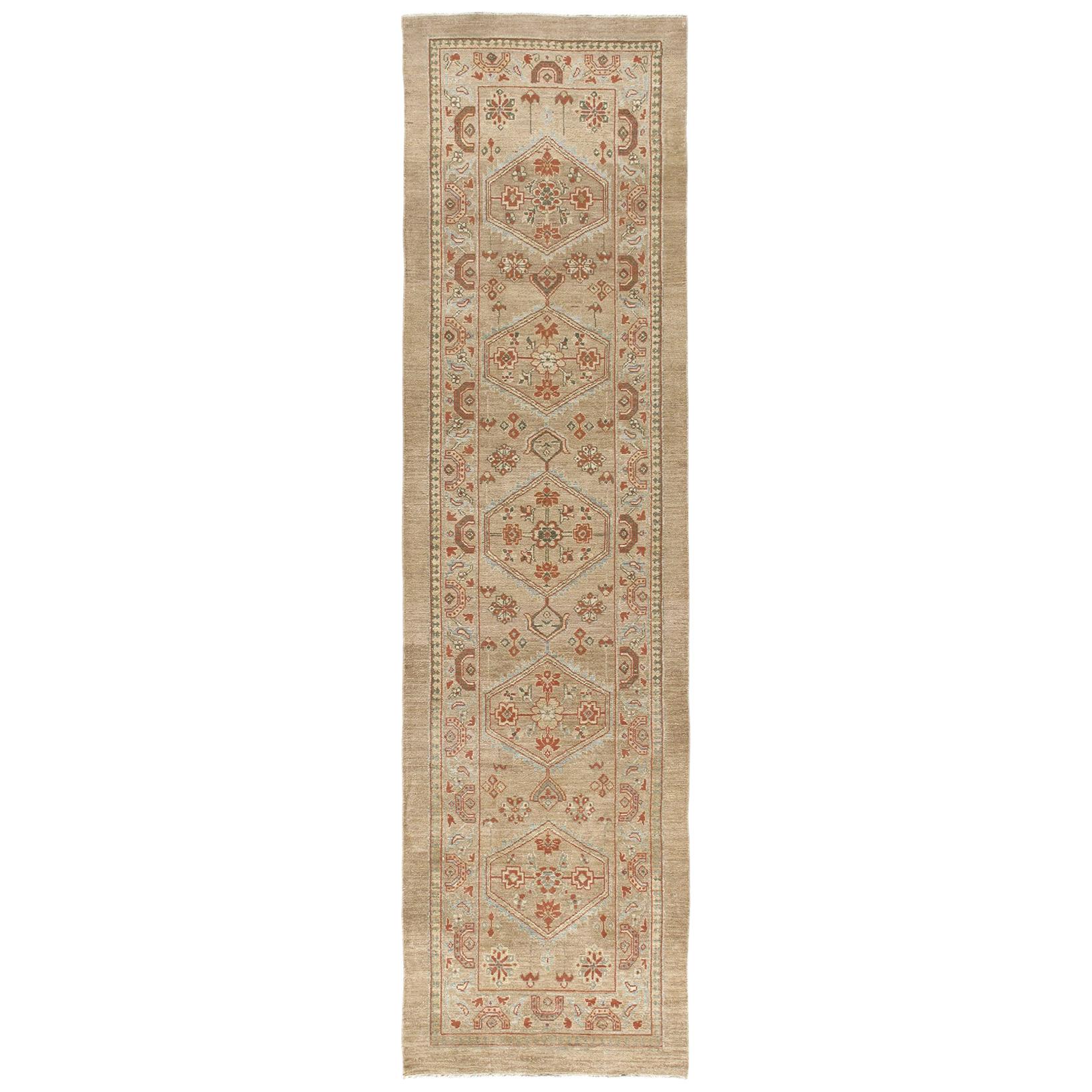 Persian Serab Hand Knotted Runner Rug in Camel and Red Colors For Sale
