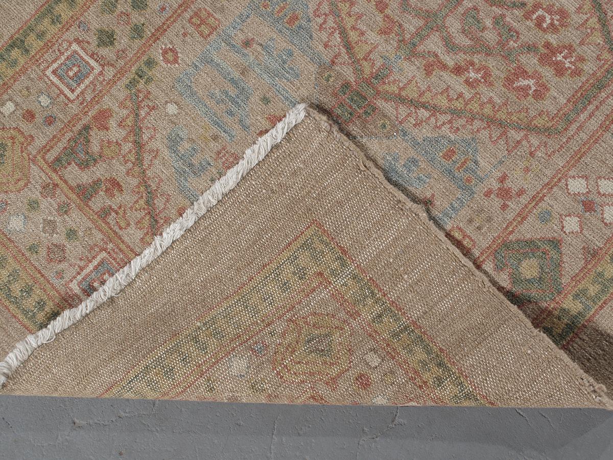 Tribal Persian Serab Hand Knotted Runner Rug in Camel, Pale Blue, and Red Colors For Sale