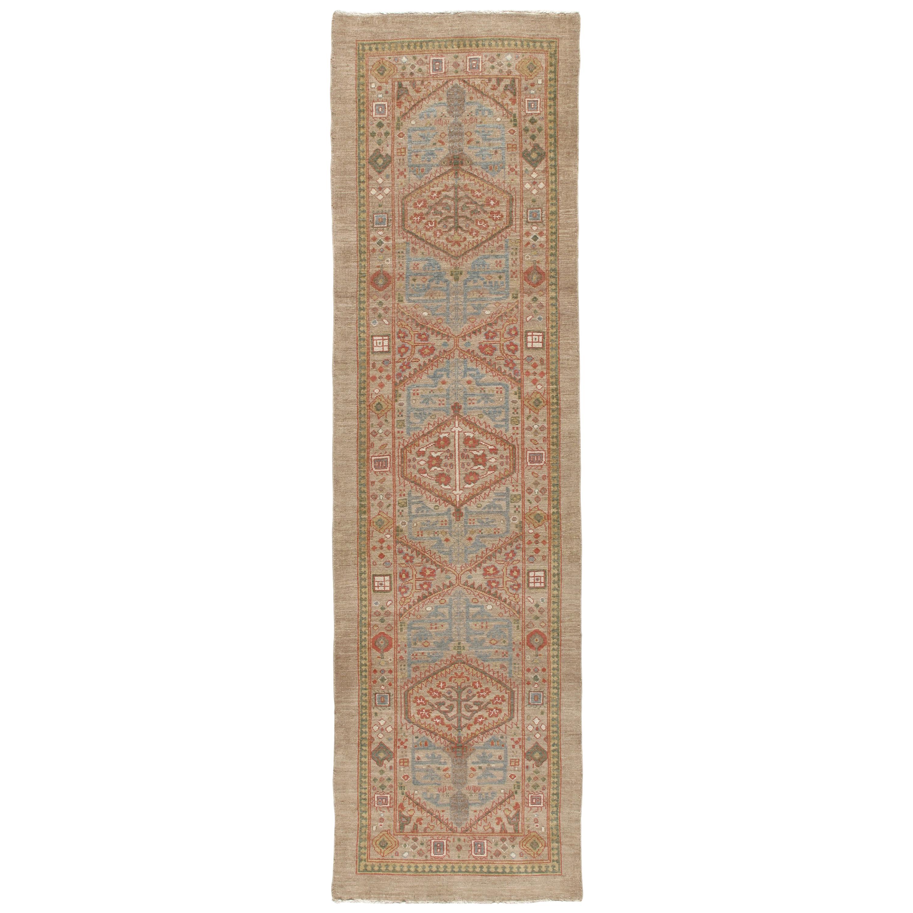 Persian Serab Hand Knotted Runner Rug in Camel, Pale Blue, and Red Colors