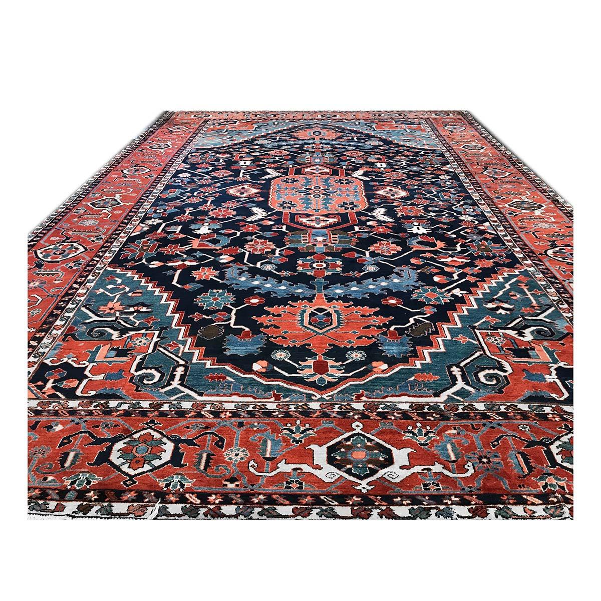 Hand-Woven Vintage Persian Serapi 13x19 Navy Blue & Rust Oversized Handmade Area Rug For Sale
