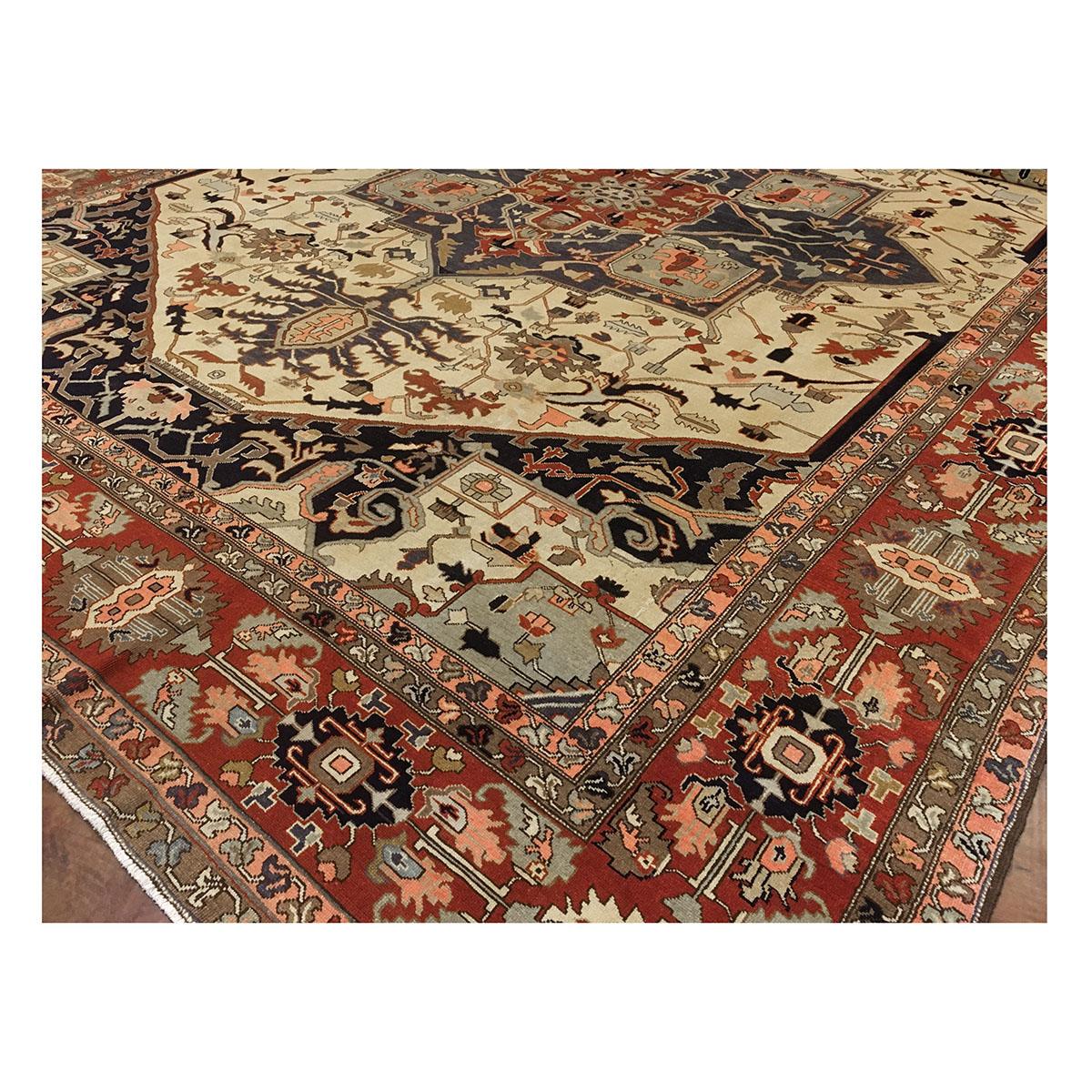 Hand-Woven Vintage Persian Serapi 14x17 Ivory & Rust Oversized Handmade Area Rug For Sale