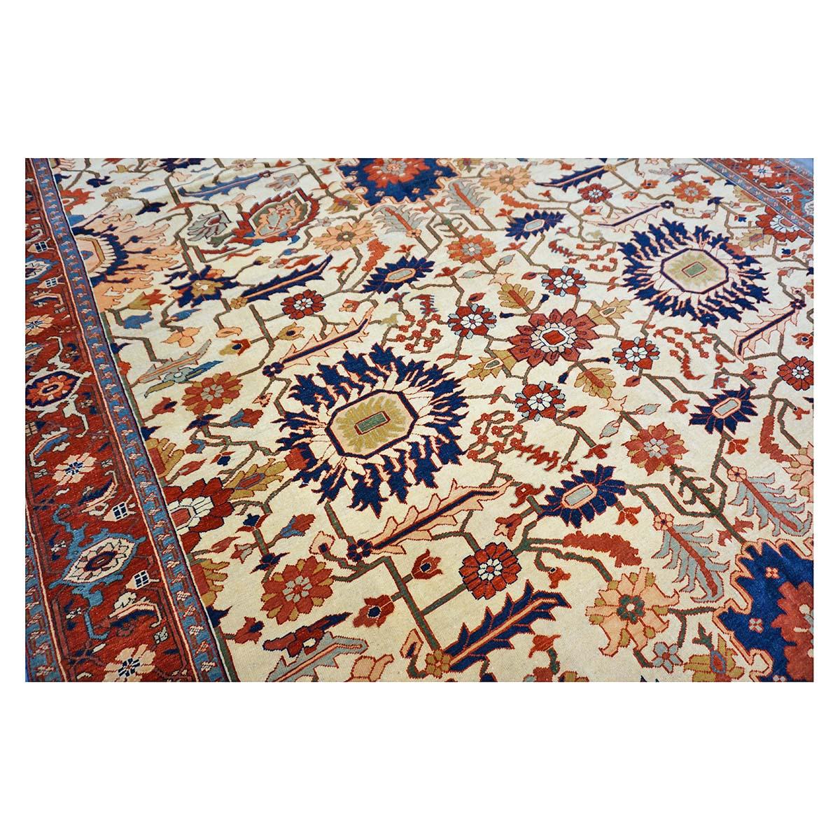 Persian Serapi 7x11 Ivory, Rust, & Blue Antique Reprodcution Handmade Area Rug For Sale 4