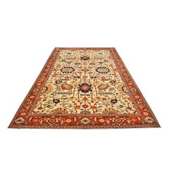 Persian Serapi 7x11 Ivory, Rust, & Blue Antique Reprodcution Handmade Area Rug