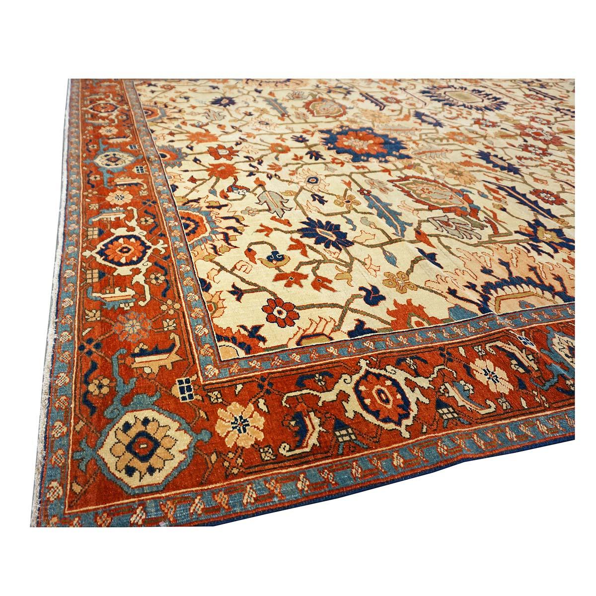 Wool Persian Serapi 7x11 Ivory, Rust, & Blue Antique Reprodcution Handmade Area Rug For Sale