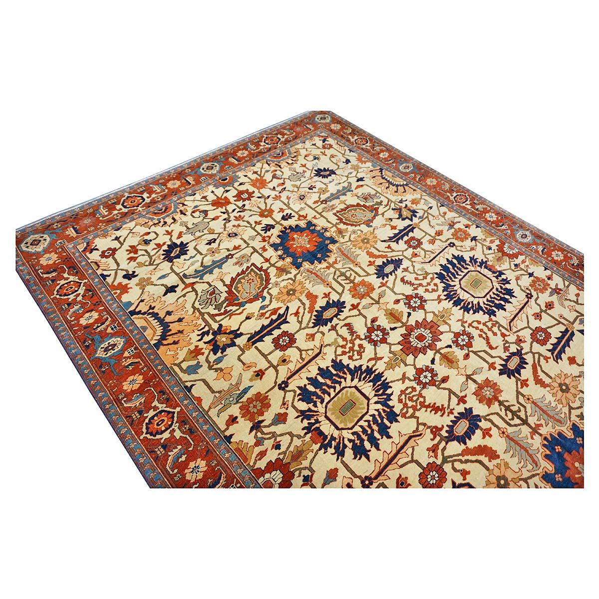 Persischer Serapi 7x11 Elfenbein, Rost, & Blau Antiker, handgefertigter Teppich mit Reprodcution im Angebot 1