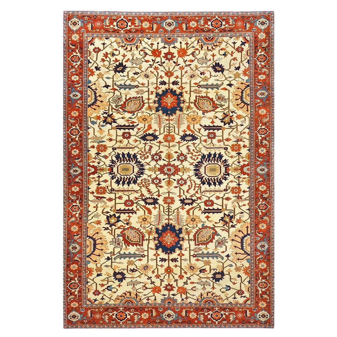 Persischer Serapi 7x11 Elfenbein, Rost, & Blau Antiker, handgefertigter Teppich mit Reprodcution im Angebot