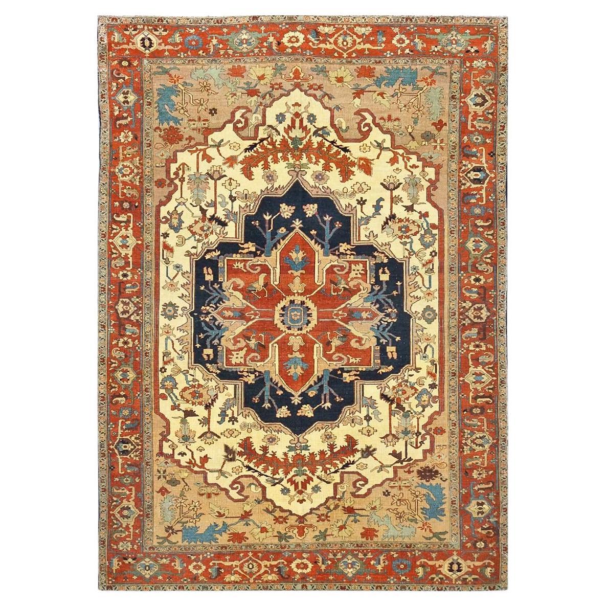 Persischer Serapi 7x11 handgefertigter Teppich in Rost, Elfenbein, Marineblau, & Hellbraun mit Reprodcution