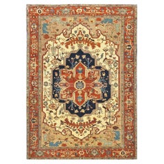 Persischer Serapi 7x11 handgefertigter Teppich in Rost, Elfenbein, Marineblau, & Hellbraun mit Reprodcution