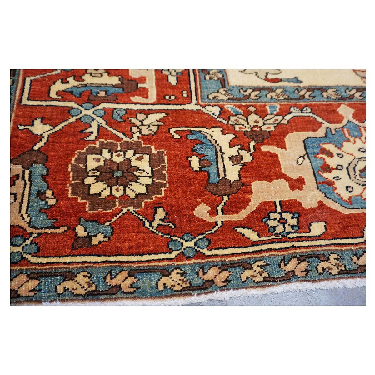Persian Serapi 8x11 Rust, Ivory, & Blue Antique Reproduction Handmade Area Rug For Sale 4