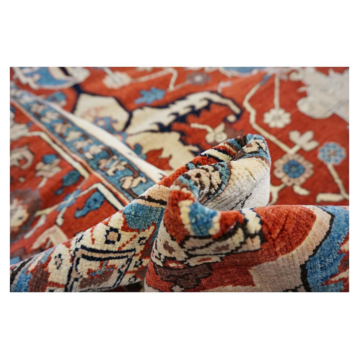 Persian Serapi 8x11 Rust, Ivory, & Blue Antique Reproduction Handmade Area Rug For Sale 6