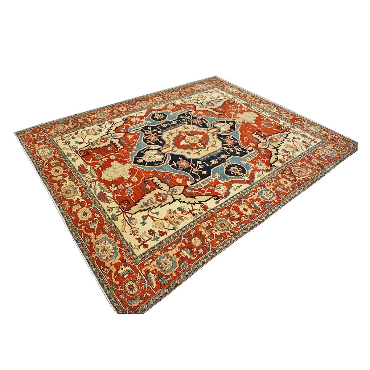 Hand-Woven Persian Serapi 8x11 Rust, Ivory, & Blue Antique Reproduction Handmade Area Rug For Sale