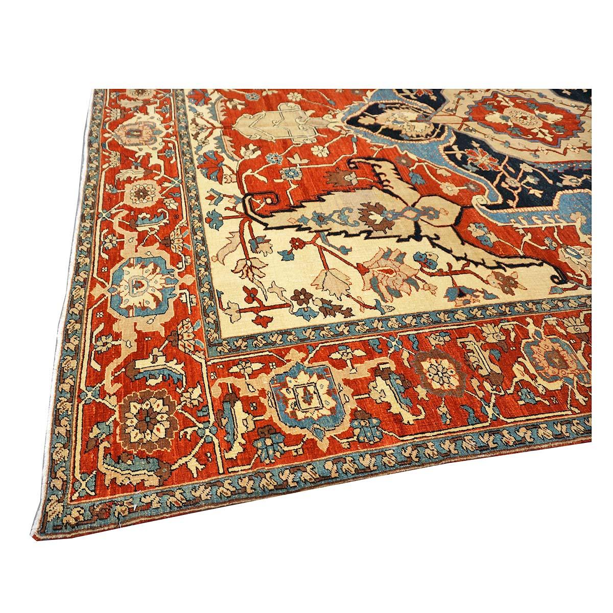 Wool Persian Serapi 8x11 Rust, Ivory, & Blue Antique Reproduction Handmade Area Rug For Sale