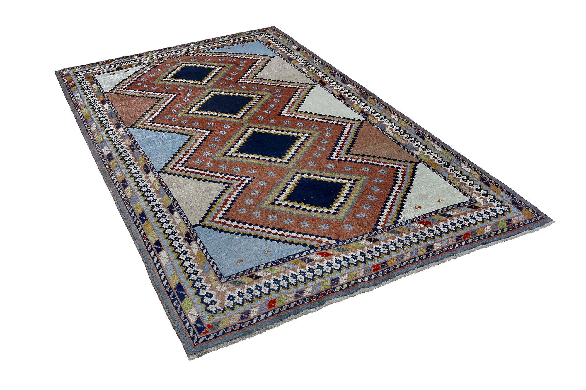 Irakien Tapis persan Shiraz - Laine Noir Bleu Rouge Terracotta - 97928 en vente