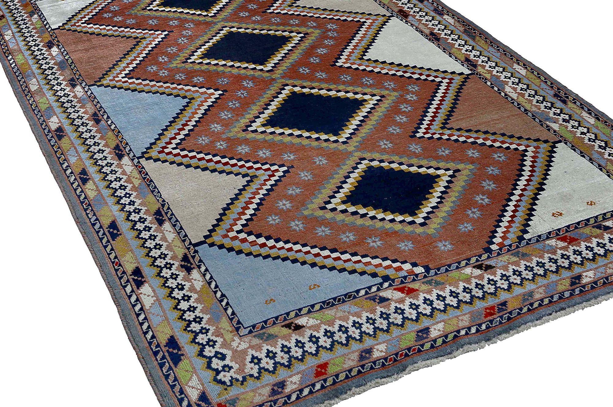 Tapis persan Shiraz - Laine Noir Bleu Rouge Terracotta - 97928 Excellent état - En vente à Dallas, TX