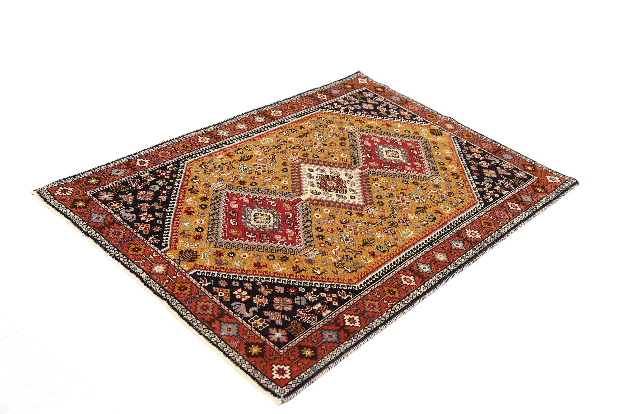 Persische Shiraz Bereich Teppiche - Wolle Schwarz Elfenbein Rot Gelb Design - 97947 (20. Jahrhundert) im Angebot
