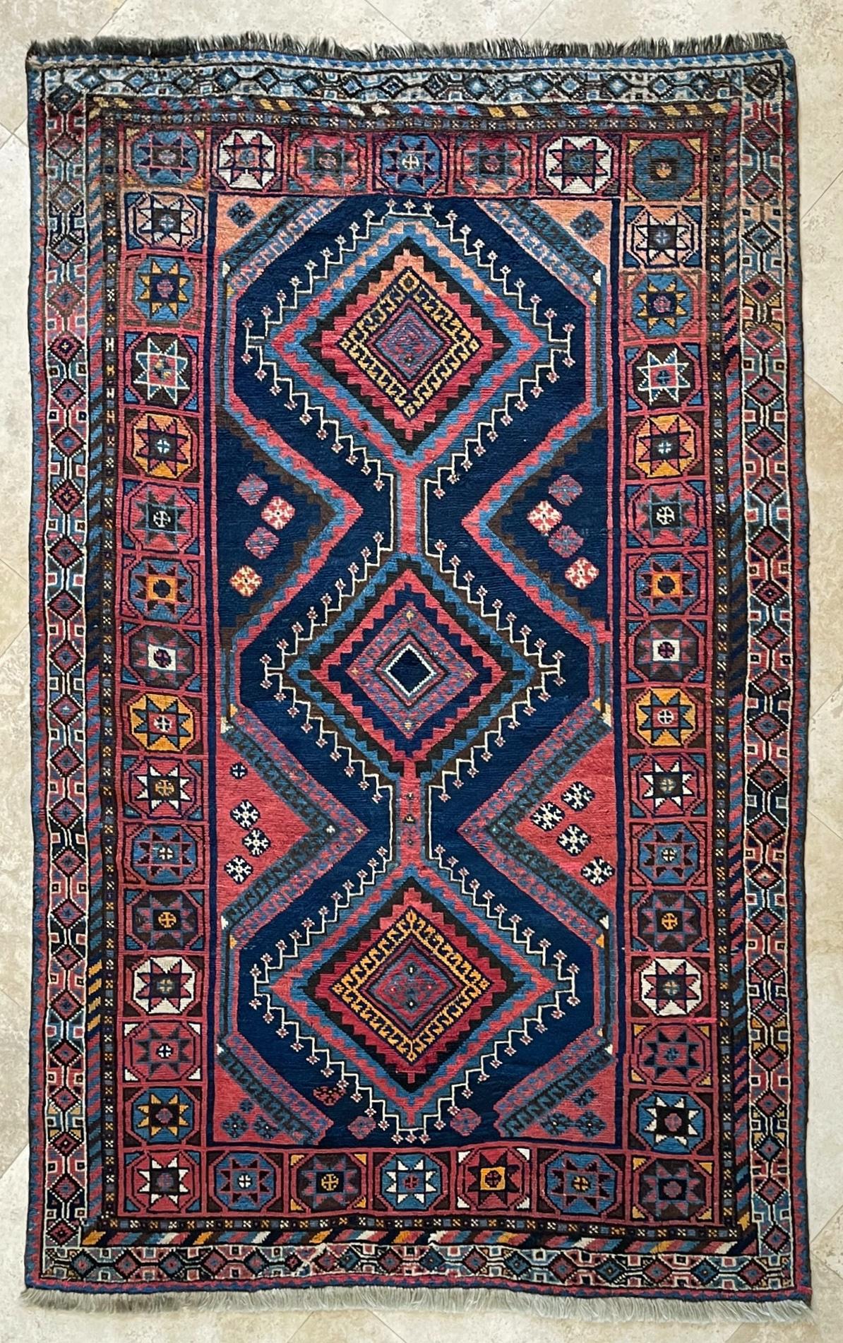 Persian Shiraz Geometric Blue Rug, circa 1960 For Sale 9