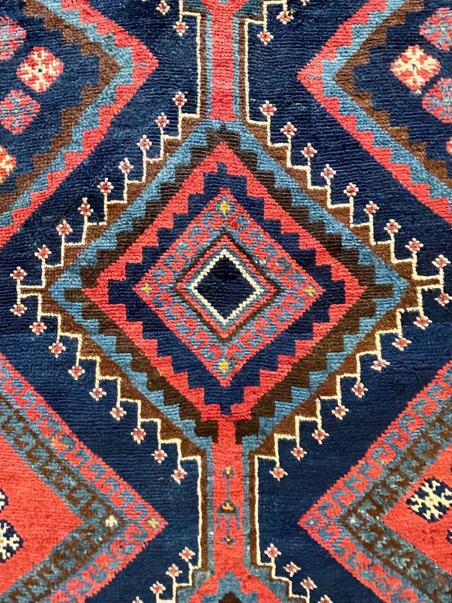 Hand-Knotted Persian Shiraz Geometric Blue Rug, circa 1960 For Sale