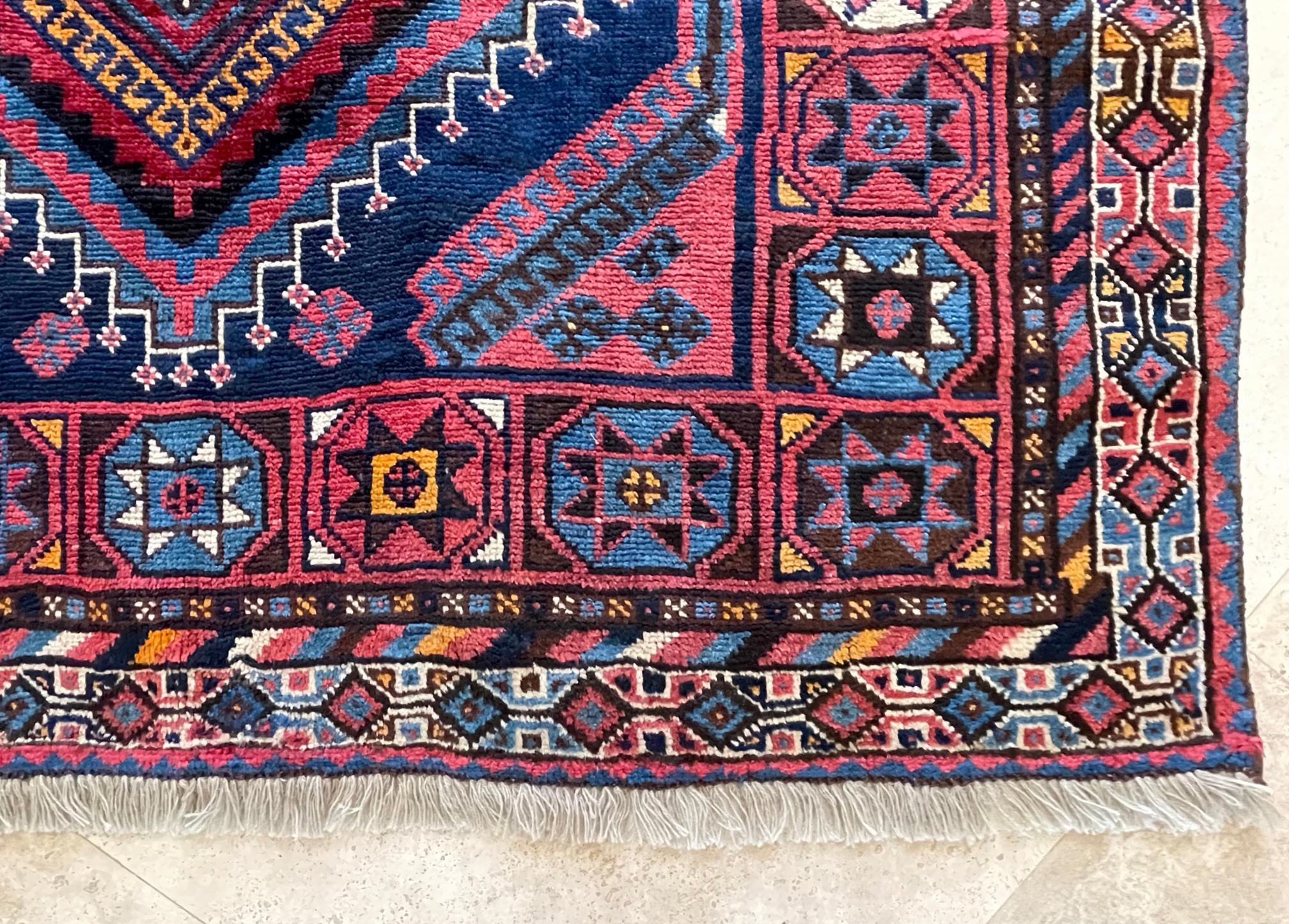 Wool Persian Shiraz Geometric Blue Rug, circa 1960 For Sale