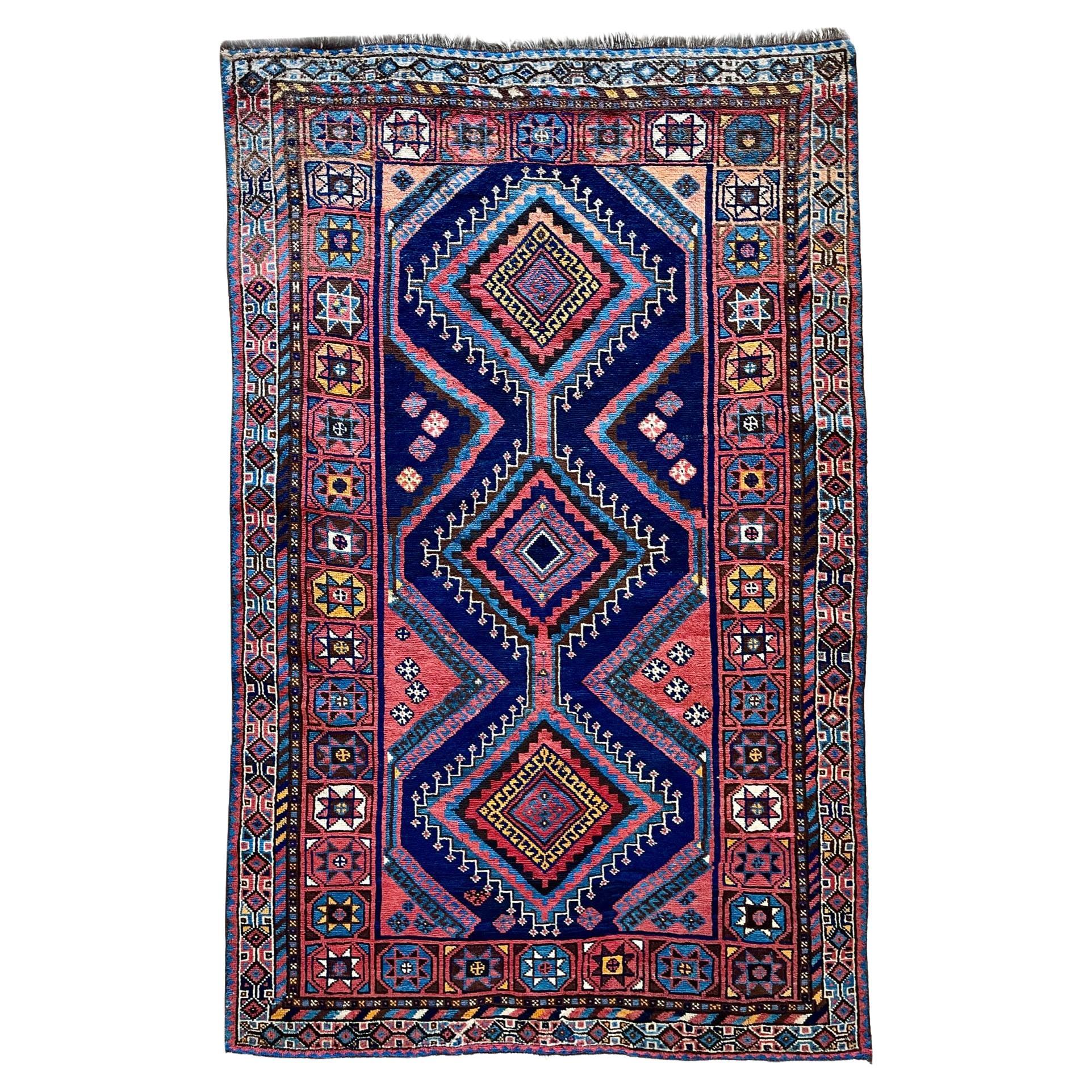 Persian Shiraz Geometric Blue Rug, circa 1960 For Sale