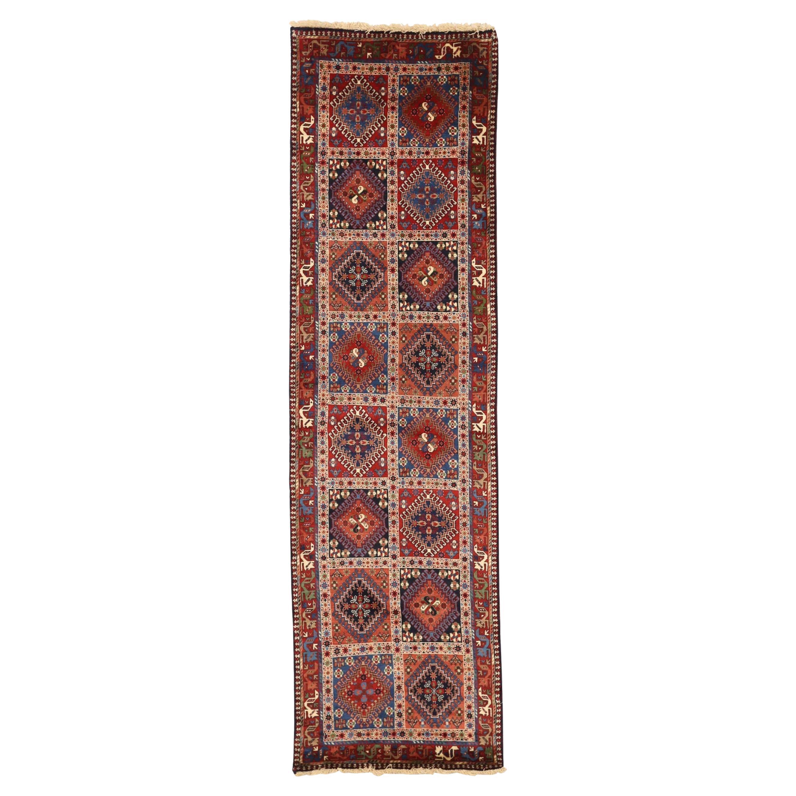 Persischer Shiraz-Läufer Circa 1910 - Wolle Blau Elfenbein Rot 73076 im Angebot