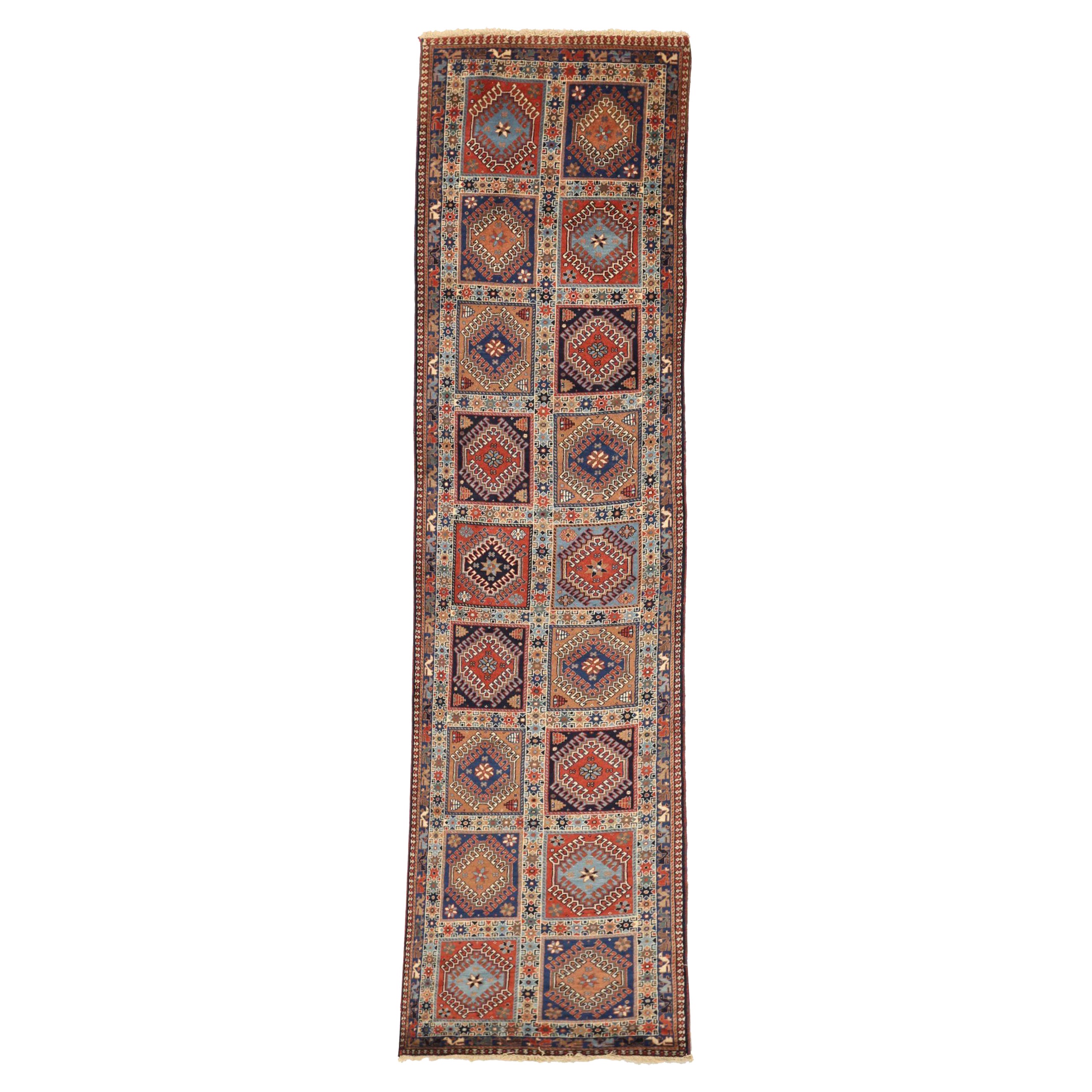 Tapis de course persan Shiraz Circa 1910 - Laine Bleu Ivoire Rouge 73078