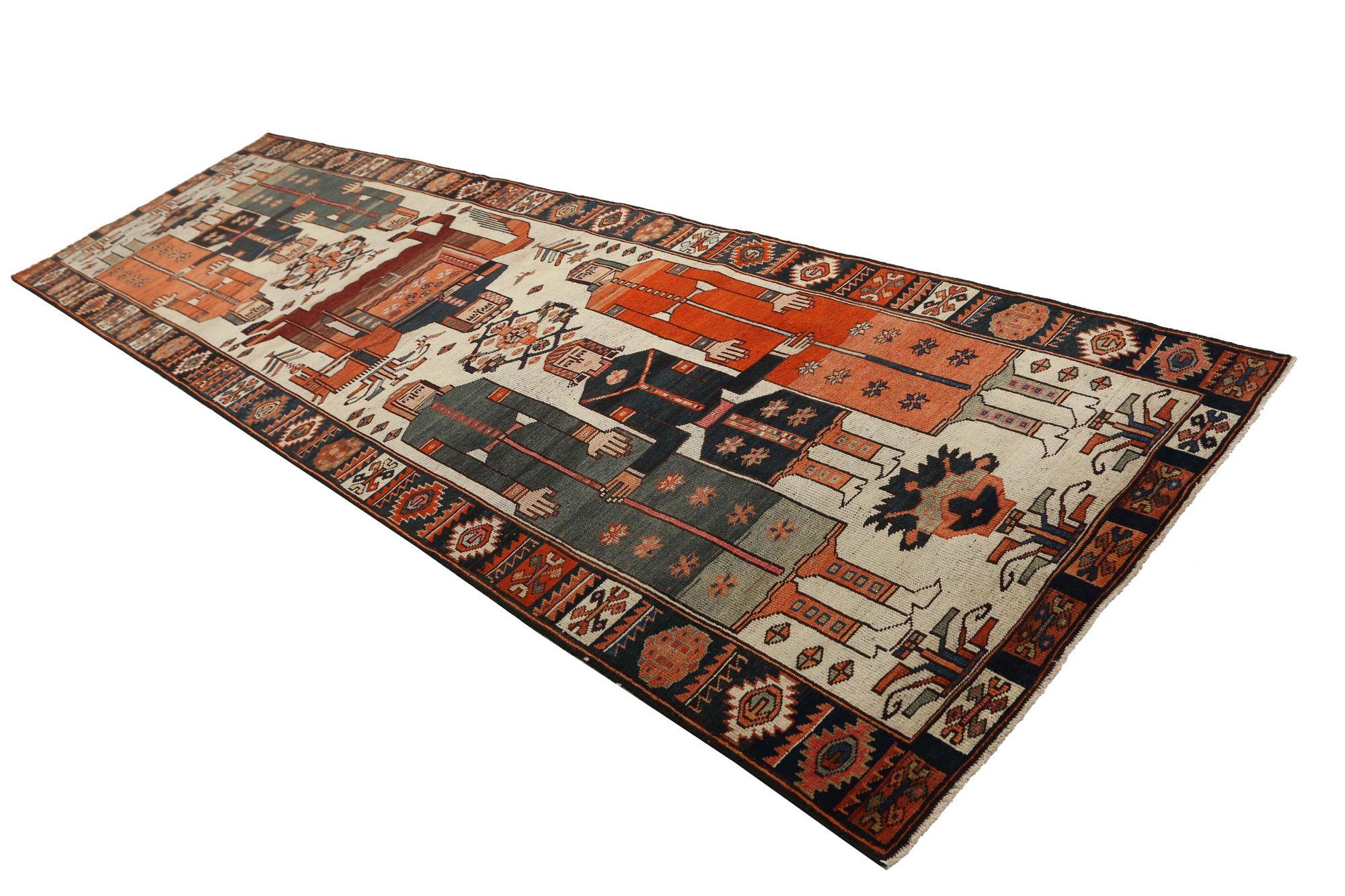 Persischer Shiraz-Läufer aus Wolle - Schwarz, Blau, Elfenbein, Rot, Design - 97414 (Irakisch) im Angebot