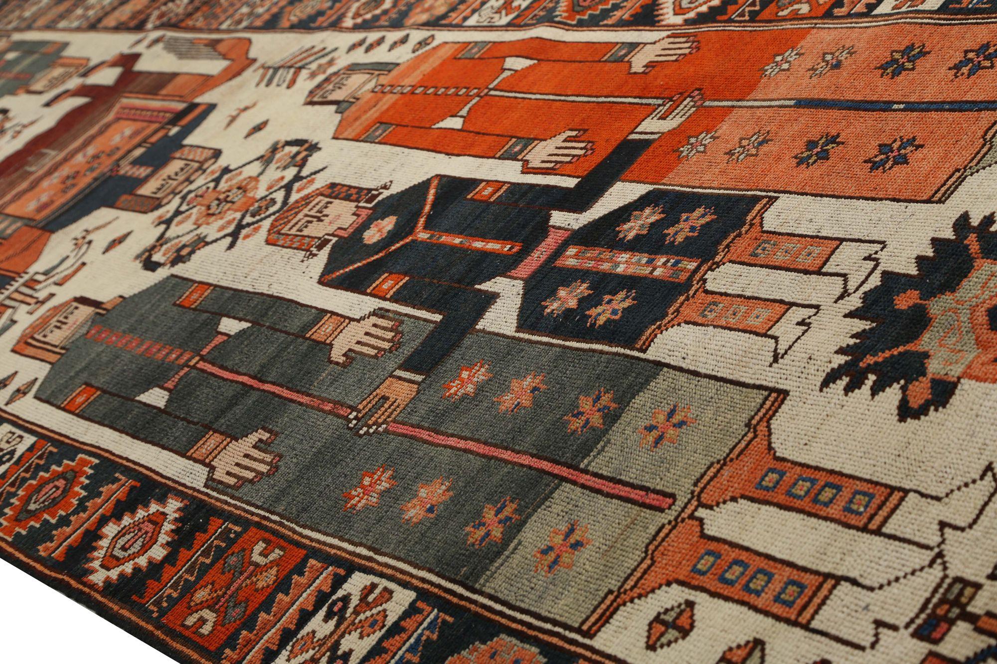 Persischer Shiraz-Läufer aus Wolle - Schwarz, Blau, Elfenbein, Rot, Design - 97414 im Zustand „Hervorragend“ im Angebot in Dallas, TX