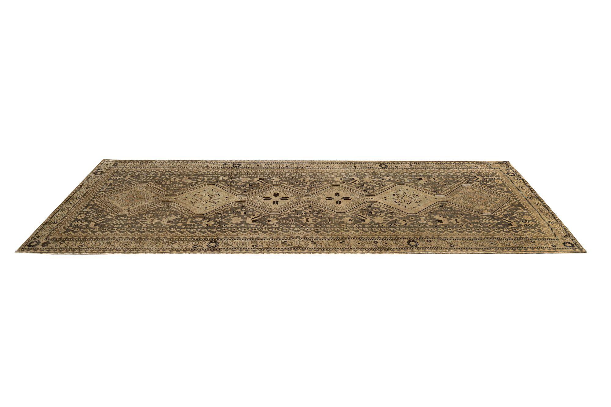 XX secolo Tappeto Persiano Shiraz Runner - Lana Marrone Avorio Taupe Design - 97778 in vendita