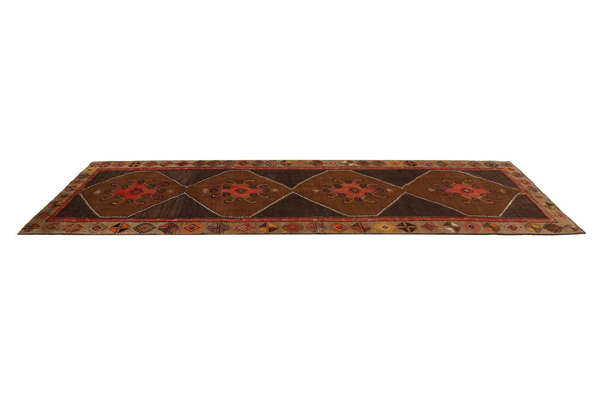 Persischer Shiraz Läufer Teppich - Wolle Braun Rot Design - 97452 im Zustand „Hervorragend“ im Angebot in Dallas, TX