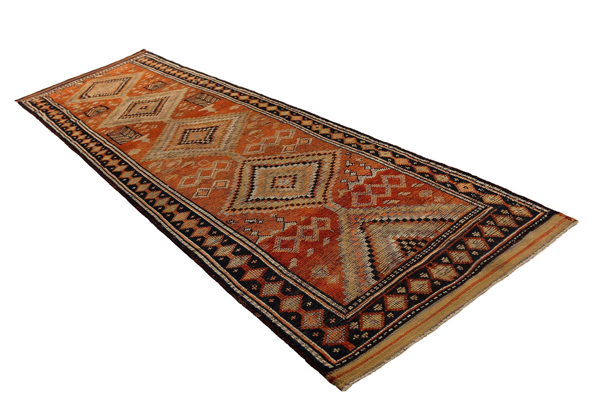 Iracheno Tappeto Persiano Shiraz Runner - Lana Avorio Arancione Rosso Design - 96855 in vendita
