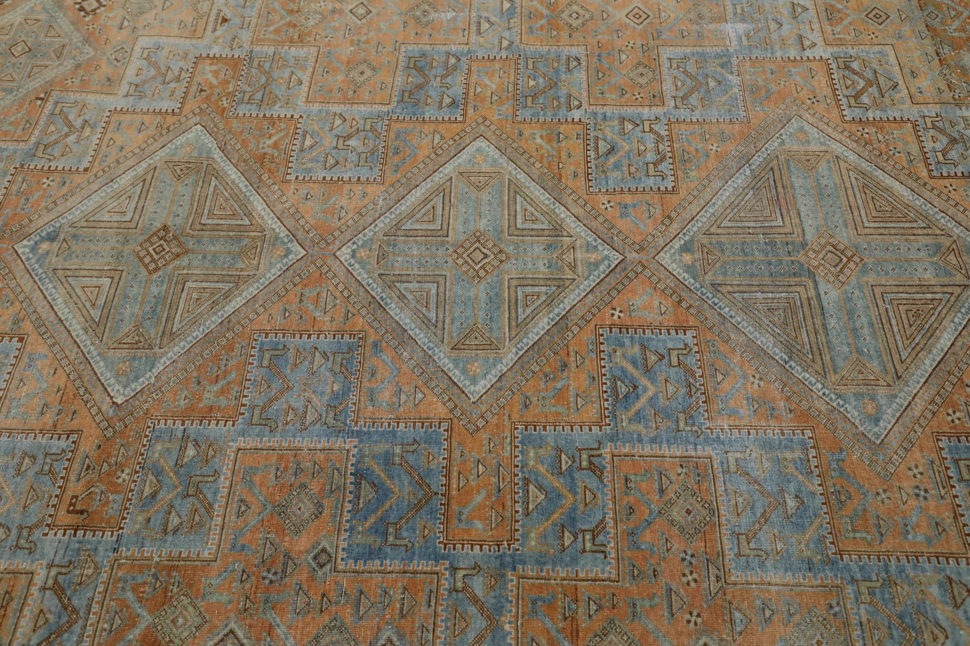 Persischer Shiraz-Teppich Circa 1910 - Wolle Blau Elfenbein Orange Design - 99568 (Stammeskunst) im Angebot