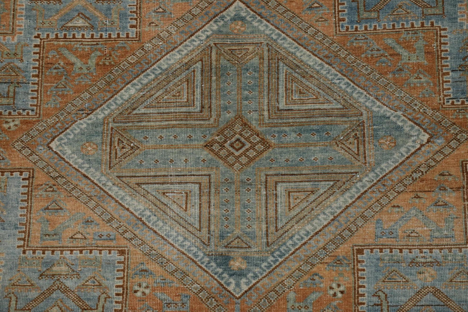 Persischer Shiraz-Teppich Circa 1910 - Wolle Blau Elfenbein Orange Design - 99568 (Handgeknüpft) im Angebot