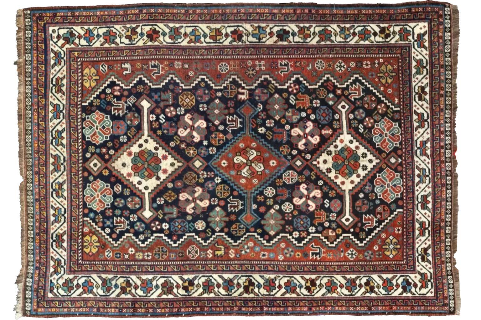 Tribal Persian Small Rug Circa 1940- Shiraz Design - Wool Ivory Navy Blue Red For Sale