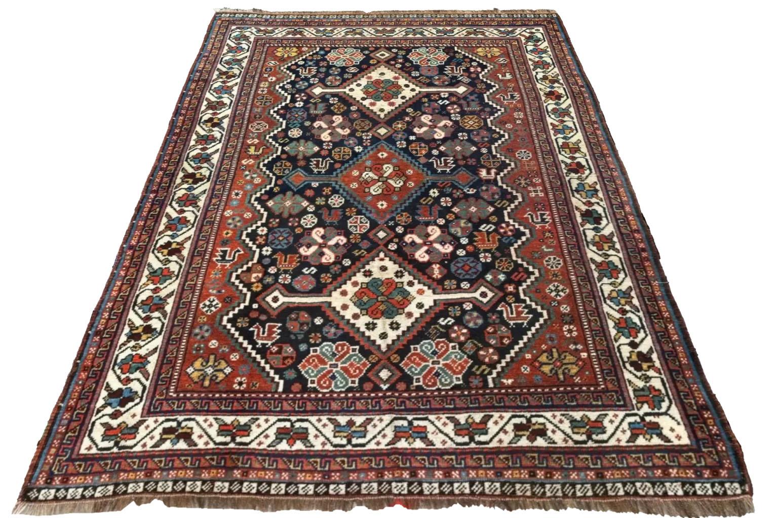 Hand-Knotted Persian Small Rug Circa 1940- Shiraz Design - Wool Ivory Navy Blue Red For Sale