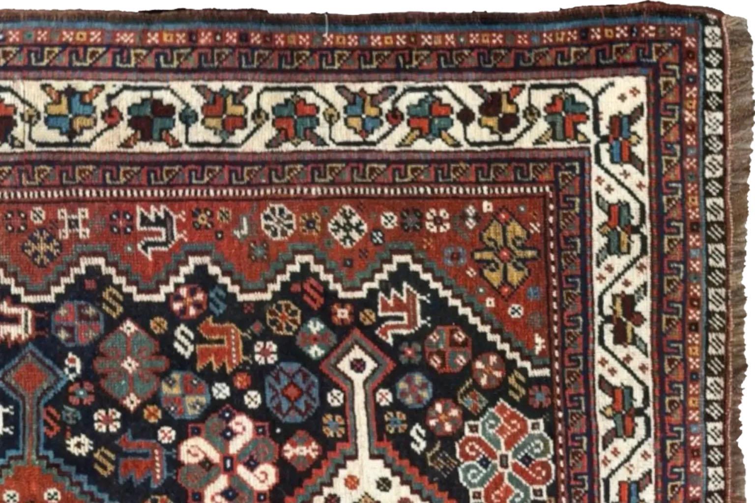 20th Century Persian Small Rug Circa 1940- Shiraz Design - Wool Ivory Navy Blue Red For Sale
