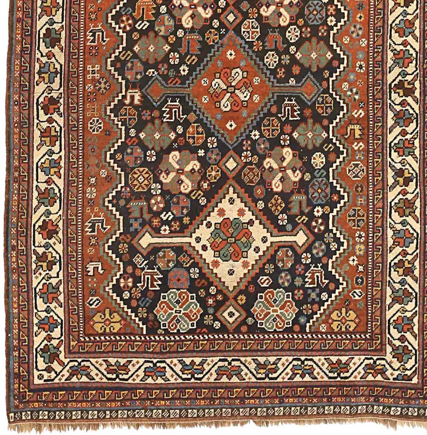 Asiatico Tappeto Persiano Shiraz Piccolo Circa 1940 - Lana Avorio Blu Navy Rosso 72764 in vendita