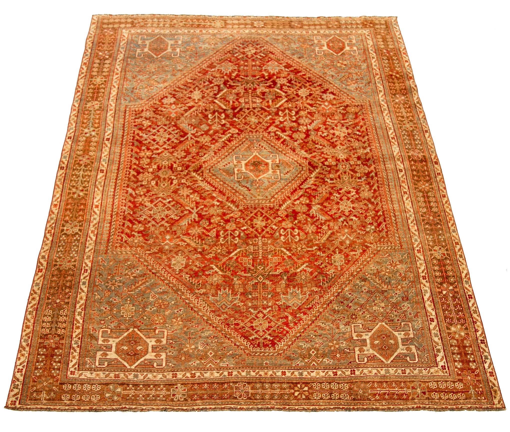 Persischer Shiraz Kleiner Teppich - Wolle Blau Elfenbein Rot Design - 92708 (Irakisch) im Angebot