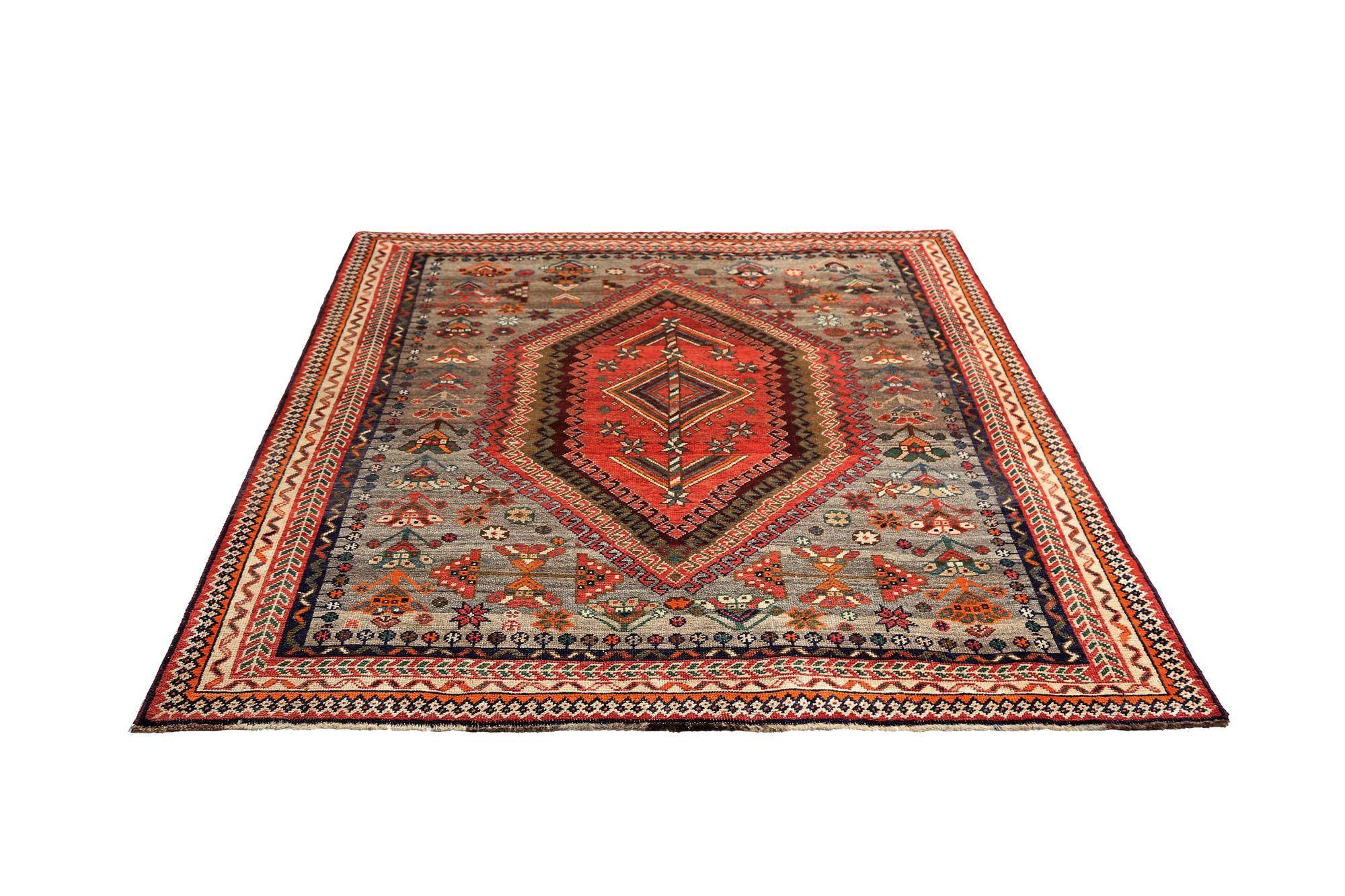 Persischer Shiraz-Teppich aus Wolle in Grau-Rot mit Design - 97086 (Irakisch) im Angebot